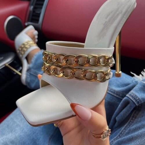 2021 New Summer Square Head Peep Toe Thin High Heel Women Slippers Outside Fashion PU Metal Decoration Ladies Party Shoes