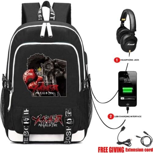 2020 anime Megalo Box backpack USB Charging Headphone Jack student book Bags teenagers Men women backpack travel bag 6 style