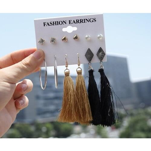 6 Pcs/Set Bohemian Tassel Crystal Heart Pearl Earrings Set for Women GirlLong Earring Female Fashion Wedding Jewelry Accessories