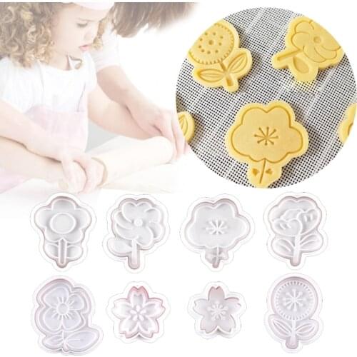 8pcs 3D Flower Pattern Plastic Baking Mold Kitchen Biscuit Cookie Cutter Pastry