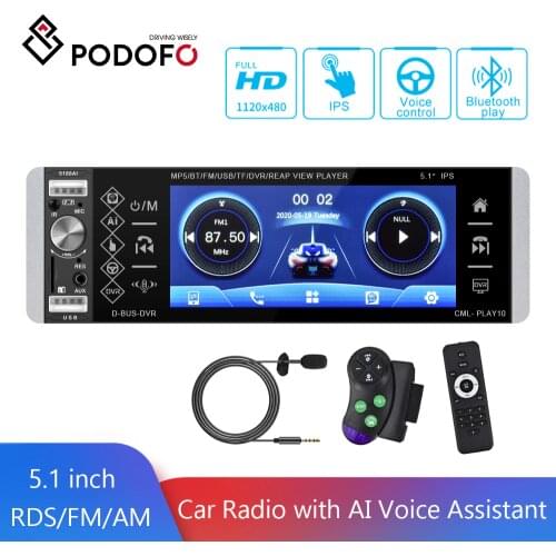 Podofo 1 Din Car Radio 5.1'' HD Bluetooth FM RDS USB Autoradio Touch Screen Voice Assistant MP5 Video Player For Universal
