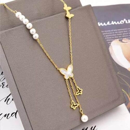 316L Stainless Steel New Fashion Fine Jewelry Pearl Butterfly Shell 3 Tassel Charms Chain Choker Necklaces Pendants For Women