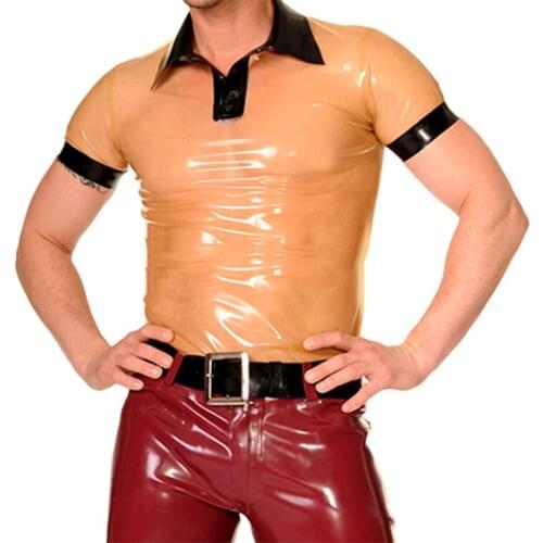 Black collar & trims decorations mens polo tops slim transparent latex t-shirt(exclude the pants)