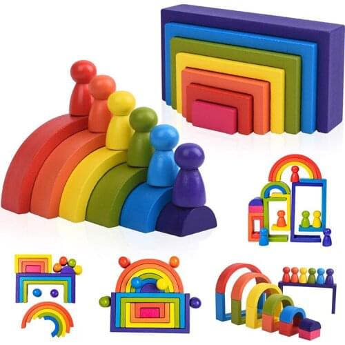 Wooden Rainbow Stacking Game Learning Toy Geometry Building Blocks for Toddlers Age 1 2 3 4 Years Old Creative Color Shape Match