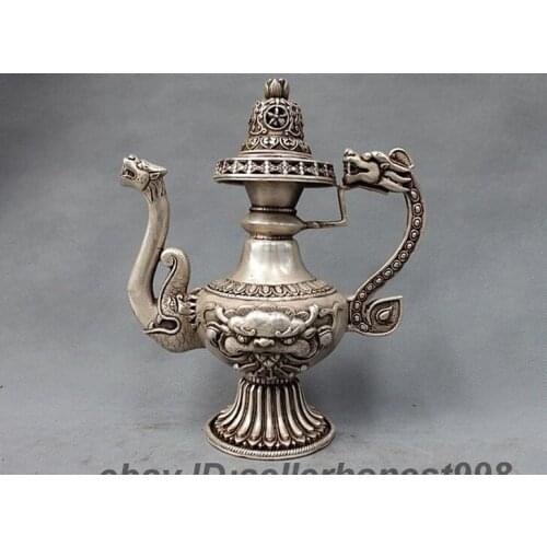 China Folk handwork Dragon Lion Beast Tea Pot Tibet Silver Flagon Kettle Teapot