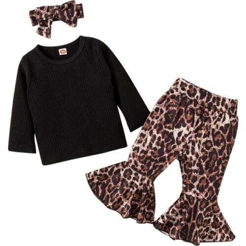 3Pcs Little Girls Outfit Solid Color Long Sleeve Round Collar Tops Leopard Print Bell-bottomed Pants Headwear