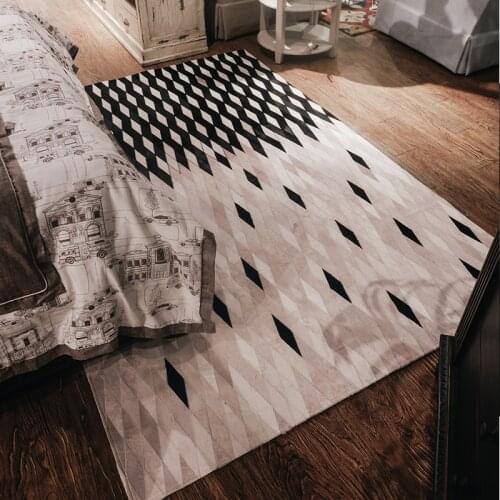 Nordic bedroom carpet handmade cowhide blanket grey geometry modern simple household bed rug covered with natural fur patchwork