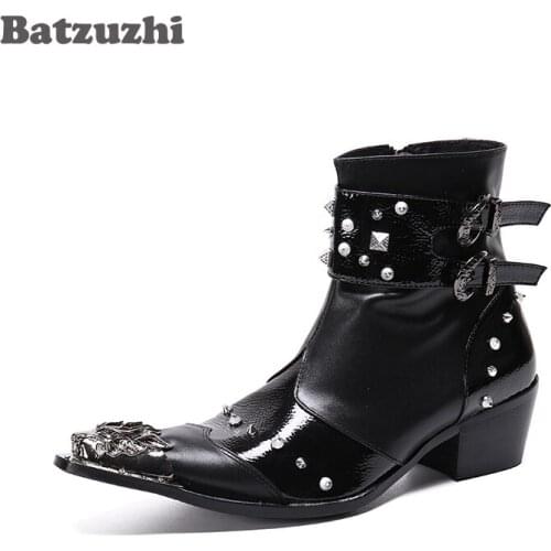 Batzuzhi Rivets Ankle Leather Boots Men Punk Western Cowboy Men Boots Pointed Metal Tip Botas Militares Motorcycle, Big Size 46