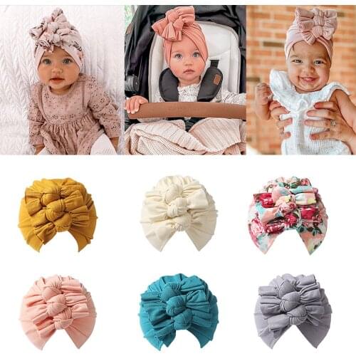 New 16 Colors Folds Knotted Bow Indian Turban Floral Bowknot Cap Kids Baby Cotton Solid Color Beanie Hat Infant Cute Headwear