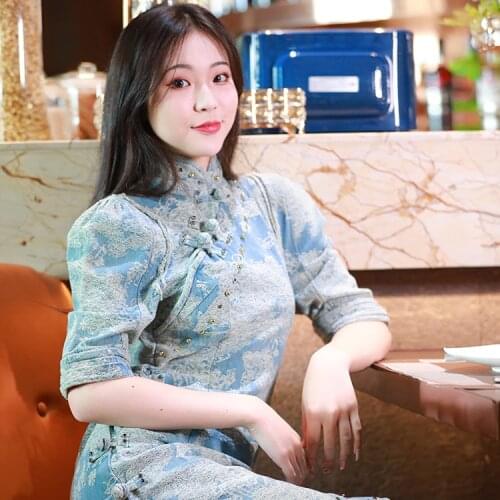 2021 new Chinese style stand collar and coil button fashion young girl denim improved cheongsam dress