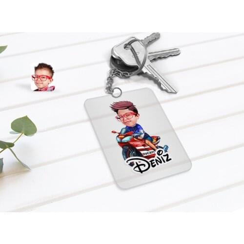 Personalized Biker Child Caricature Of Transparent Plexiglass Anahtarlık-1
