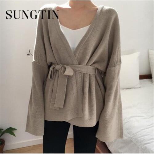 Sungtin Casual Soft Loose Women V Neck Knitted Cardigan Sweater Sashes Autumn Female Oversize Comfort Knit Cardigan Vintage Belt