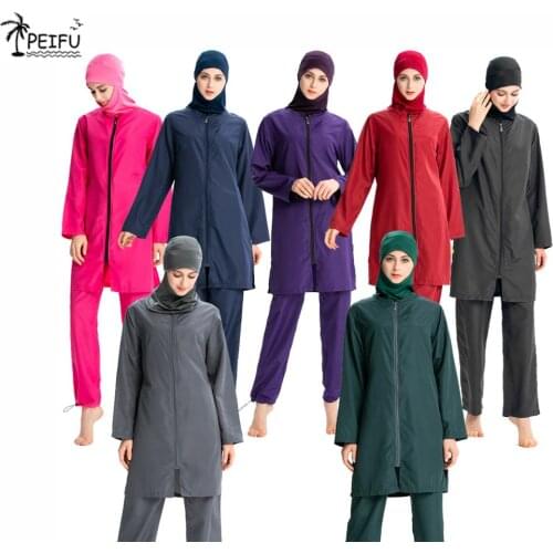 PEIFU zipper Long Sleeve Straight Piping Full Hijab Swimwear M-3XL Plus Size Muslim Hijab Islamic Swimsuit Full Cover swim