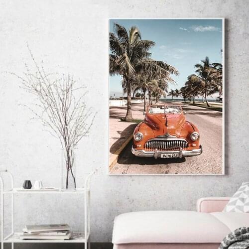 Pink City Bus Poster Art Canvas Painting Palm Posters and Prints Landscape Wall Picture for Living Room Nordic Decor for Home