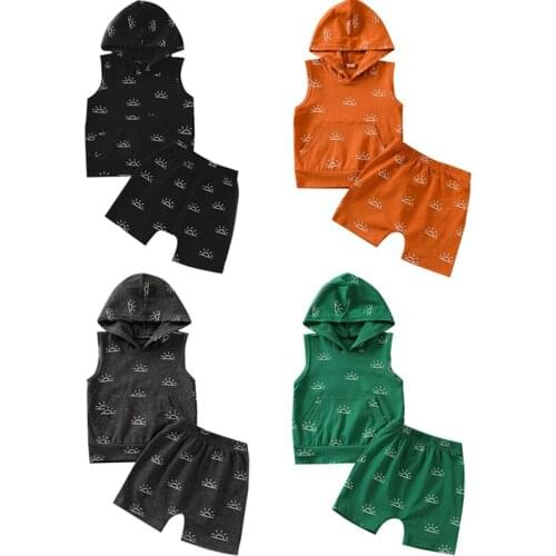 FOCUSNORM 4 Color Summer Casual Kids Boys Clothes Sets 2pcs Sun Printed Sleeveless Hooded Tops Shorts 0-4Y