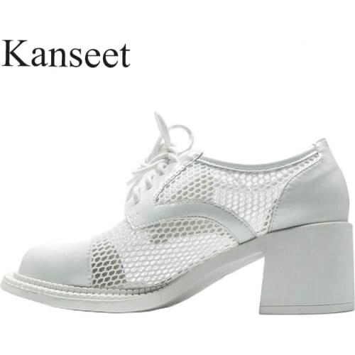 Kanseet Mesh Fashion Design 2021 Summer Cross-Tied Women Pumps Black Beige Round Toe Thick High Heel Footwear Casual Shoes Women