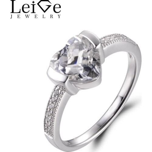 LeiGe Jewelry Natural White Topaz Rings Heart Shape Gems Ring November Birthstone Solid 925 Sterling Silver Unique Rings for Her