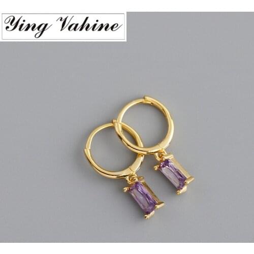 Ying Vahine 100% 925 Sterling Silver Purple Blue Champagne Red Green Small Square Zircon Pendant Drop Earrings for Women