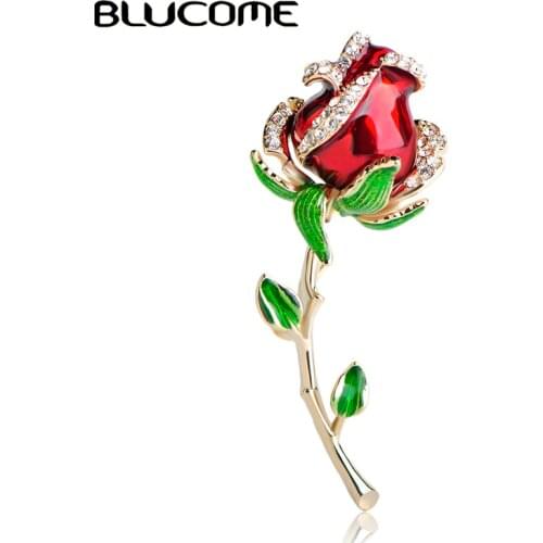 Blucome Beautiful Red Rose Flower Brooch Enamel Zinc Alloy Corsage Pin Jewelry Accessories Valentines Day Gifts For Women Girls