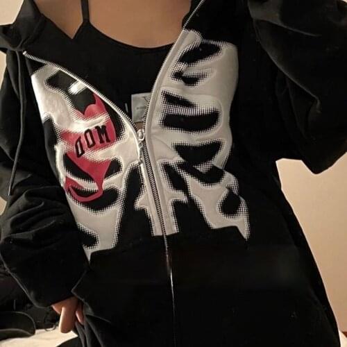 Y2k 2021 Women Hoodie Loose Skull Print Gothic Long Sleeve Hooded Sweatshirt Solid Color Retro Fashion Long Sleeve Hoodies Top