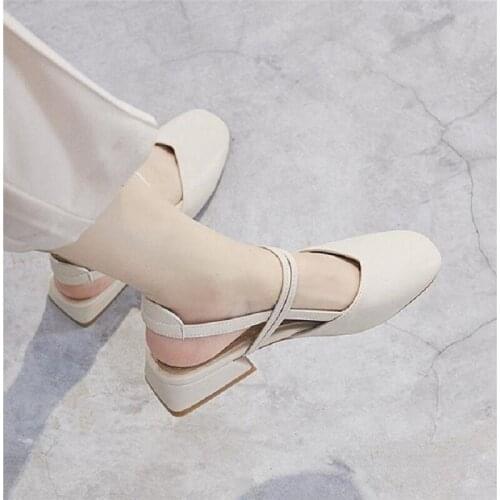 Women PU Leather Pumps Shoes 2021 Summer Mid Heels Shoes Fashion Square Toe Buckle Strap Casual Sandals Female