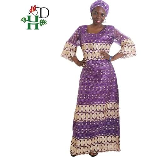 H&D Dashiki African Dresses For Women Plus Size Lace Dress With Head Tie Embroidered Traditional African Ladies Dresses Turban