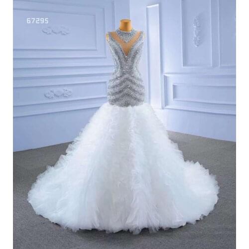 Aoliweiya Ivory/Sliver Mermaid Illusion High Neckline Tank Sleeve Pearls Crystals Beads Kenyan Wedding Dress