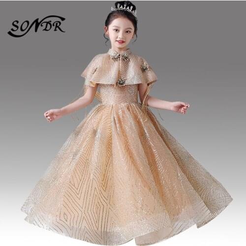 Shining Glitter Flower Girl Dresses HT164 Elegant Gold Girls Pageant Gown with Shawl Appliques Flower Girl Dresses for Weddings