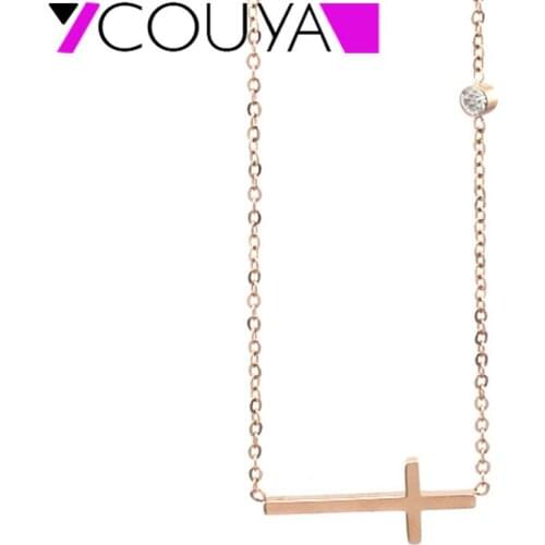 COUYA gilrs Classic rose gold Color Rhinestone Cross Pendant Necklaces Prayer Jewelry Stainless Steel Women Chain Necklace