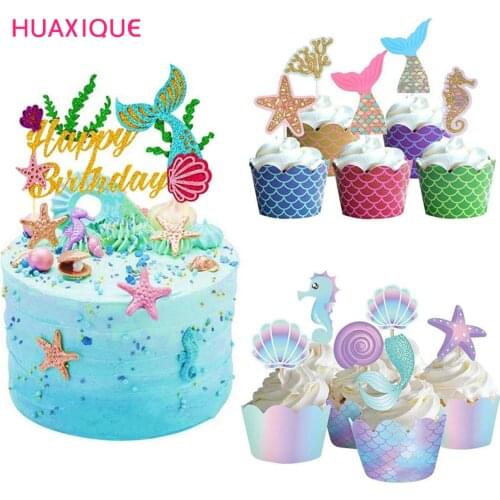 Birthday Mermaid Party Cupcake Toppers Wrappers Lets Be Mermaids Baby Shower Birthday Party Supplies Cake Decorations
