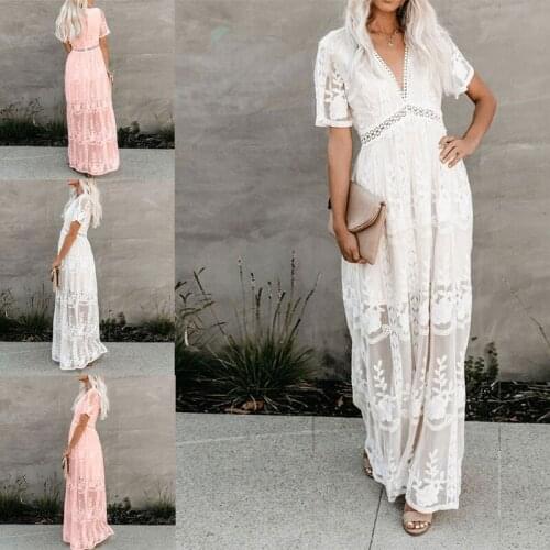 Stitching Lace Crochet Embroidery Long Ladies Dress Elegant Sweet Holiday Beach Dress Short Sleeve Solid Color Chic