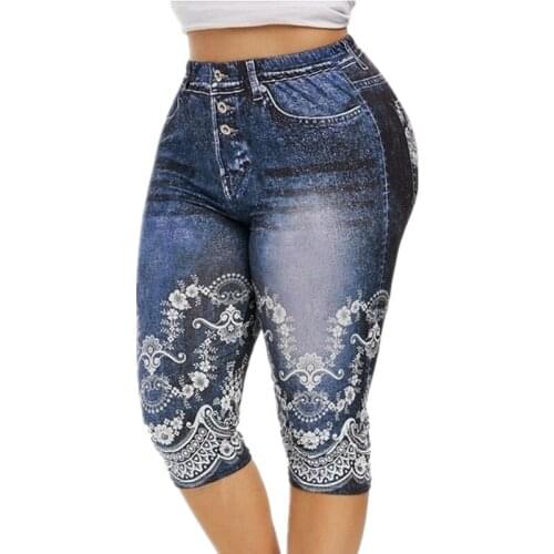 European Fashion Autumn New Imitation Denim Print Hip-lifting Movement Seven Pants Plus Size Woman Pants Denim Joggers Women