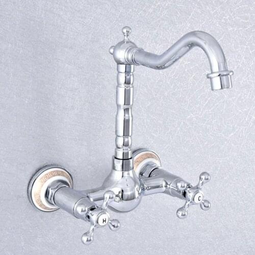Chrome Double Handle Kitchen Faucet Wall Mounted 360 Degree Rotate Bathroom Kitchen Mixers Hot and Cold Tap Nsf766