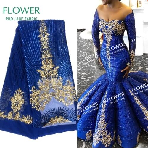Royal Blue Upscale Style Sequins Lace Fabric Sequined Embroidered Guipure Net Lace African Wedding Dresses Sewing Mesh Material