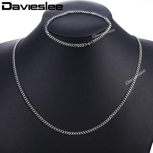 Davieslee Jewelry Set For Men Silver Color Stainless Steel Curb Cuban Chain Bracelet Necklace Set Wholesale Jewelry 3mm DKS114