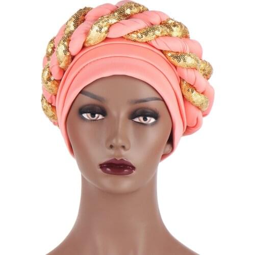 NEW 2021 Four Seasons Fashion Ladies Space Layer Two-color Sequins Adjustable 10-color Twist Turban Muslim Baotou Hat
