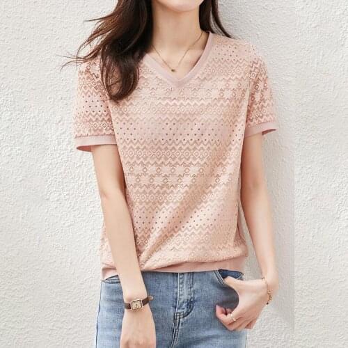 2021 summer new V-neck short-sleeved lace shirt female loose T-shirt thin section tops women 2020 vintage streetwear