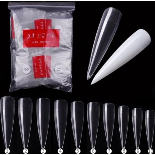 NEW 500pcs Clear/ Natural False nail tips Stiletto Acrylic Half False Nails ABS Tips Artificial 0 -9 sizes Nail Art Tips tools