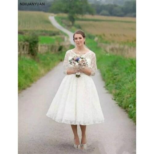 Wholesale 2021 Plus Size Lace Short Wedding Dresses Tea Length 3/4 Sleeves Wedding Gown Bridal Gowns Covered Buttons
