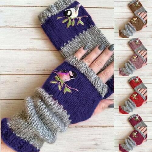 Embroidery Birds Gloves Women Knitted Fingerless Plus Velvet Color Block Splice Mittens Womens Girls Gloves Rekawiczki Damskie