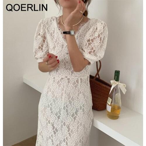 QOERLIN See Through V-neck Water-soluble Pearl Button Zipper Lace Dress Elegant Party Black Dress Puff Sleeve High Waist Vestido