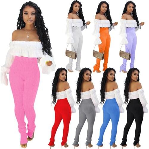 Sexy Women Two Piece Set Off shoulder Slash Neck Pulf Sleeve Top+ Stretch Knitted Trousers Jogger Autumn Suit Stacked Knit Jogge