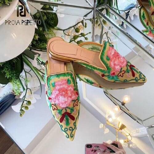 Blingbling sequined pointed toe Muller slippers summer floral embroidery flat bottom all-match casual half slippers women