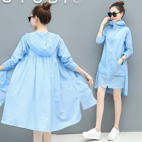Sun-Proof Clothing Womens Spring and Summer Long plus Size Casual Korean Breathable Thin Lettered Hooded Outdoor beach dress