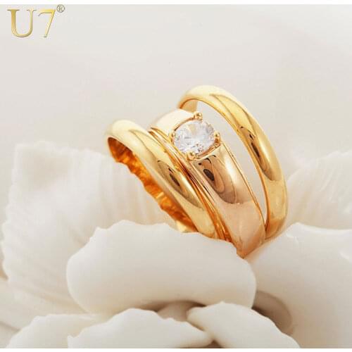 U7 Shinning Cubic Zirconia 3 Layers Rings For Women /Men Gold Color Crystal Wedding Bands Rings Wholesale R305-3