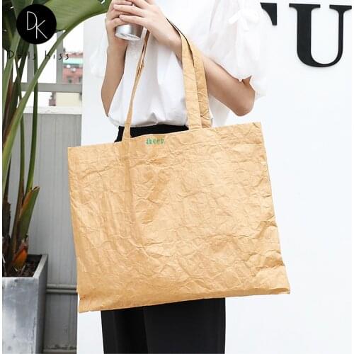 Ladies Kraft Paper Shoulder Totes Women Retro Fold Design Letter Printing Handbag Large Capacity Travel Bag Girls Casual Eco Bag