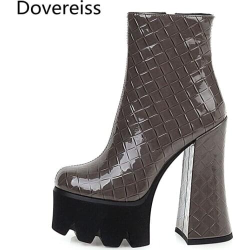Dovereiss Fashion Womens Shoes Winter concise Pure color Platform new sexy Block heels 15cm Zipper Sexy gray Short boots 33-43