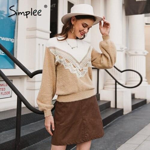 Simplee Elegant impact color lace white jumper O-neck shoulder drop hairy pullover Casual home soft autumn winter sweater ladies