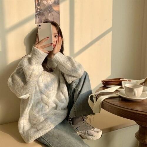 Women Autumn Long Sleeve O-Neck Sweater Thick Twist Cable Knit Multicolor Pullover Top Harajuku Oversized Loose Jumpers