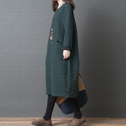 2021 New Arrival Knitted Padding Cotton Thicken Autumn Winter Dress Dot Solid Color Vintage Dress Office Lady OL Work Dress